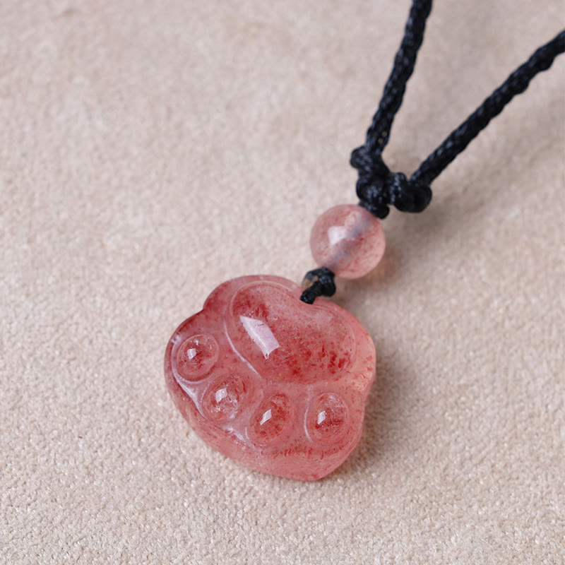 Buddha Stones Strawberry Quartz Lovely Cat Paw Claw Healing Necklace Pendant - image 3