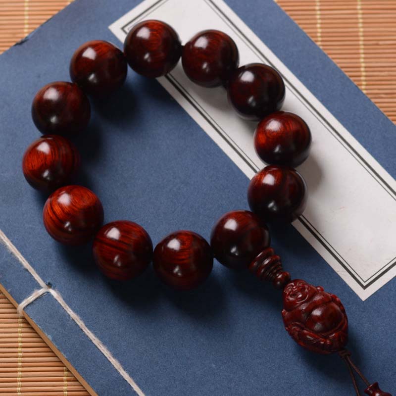 Buddha Stones Small Leaf Red Sandalwood Laughing Buddha God of Wealth Protection Bracelet