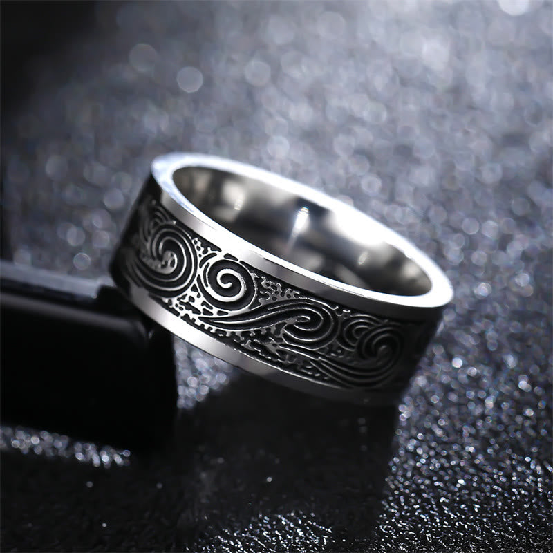 Vintage Wave Auspicious Clouds Engraved Pattern Titanium Steel Balance Ring - image 1