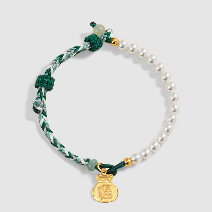 Buddha Stones 925 Sterling Silver Fu Character Lucky Bag Pearl Hetian Jade Wisdom Rope Bracelet