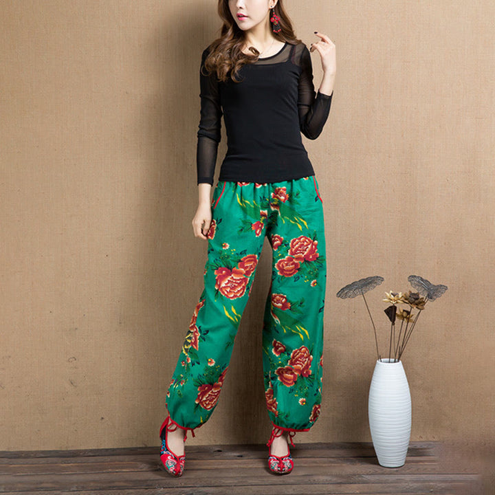 Buddha Stones Ethnic Style Red Green Flowers Print Harem Pants With Pockets