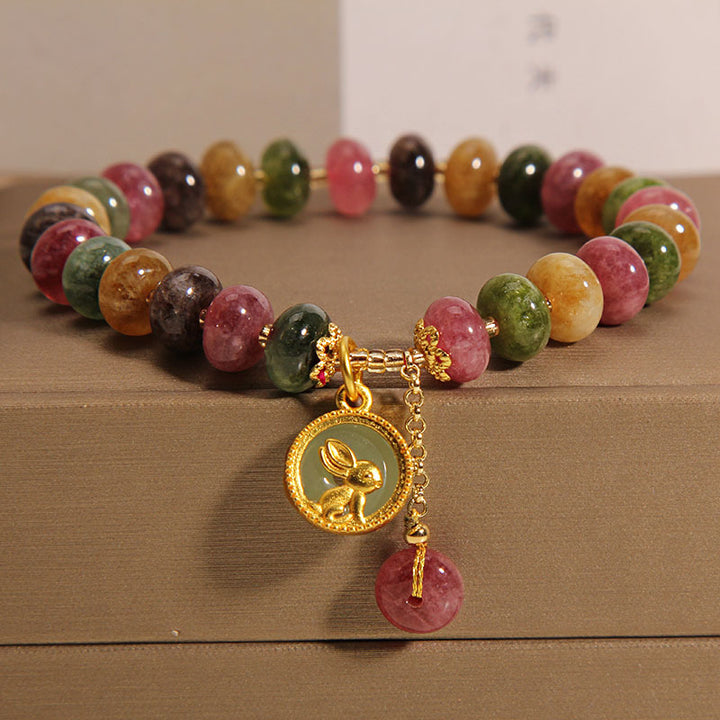 Buddha Stones Natural Colorful Tourmaline Cute Rabbit Charm Positive Bracelet