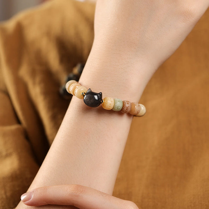 Buddha Stones Bodhi Seed Silver Sheen Obsidian Cat Head Om Mani Padme Hum Engraved Harmony Bracelet - image 3