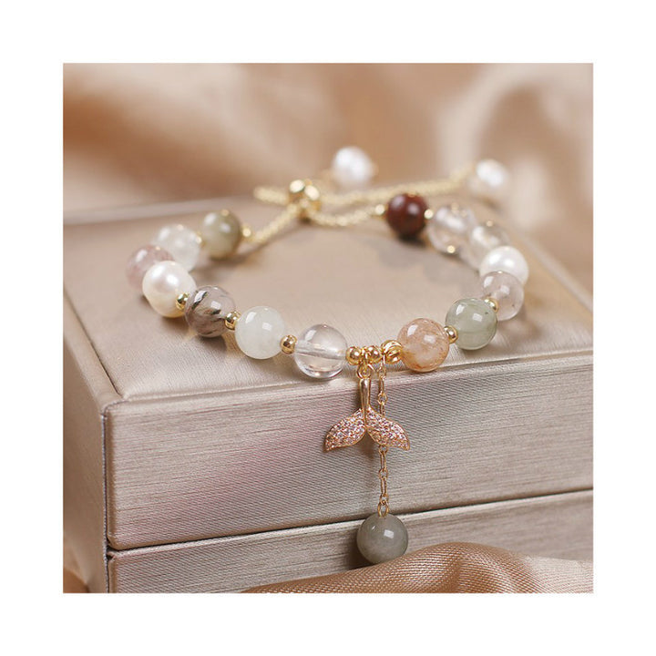 Buddha Stones Strawberry Quartz Rutilated Quartz Fishtail Charm Healing Bracelet