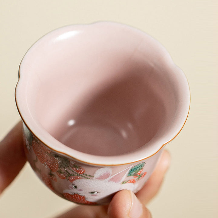 Buddha Stones Cute Strawberry Rabbit Flower Ceramic Teacup Kung Fu Tea Cup 55ml