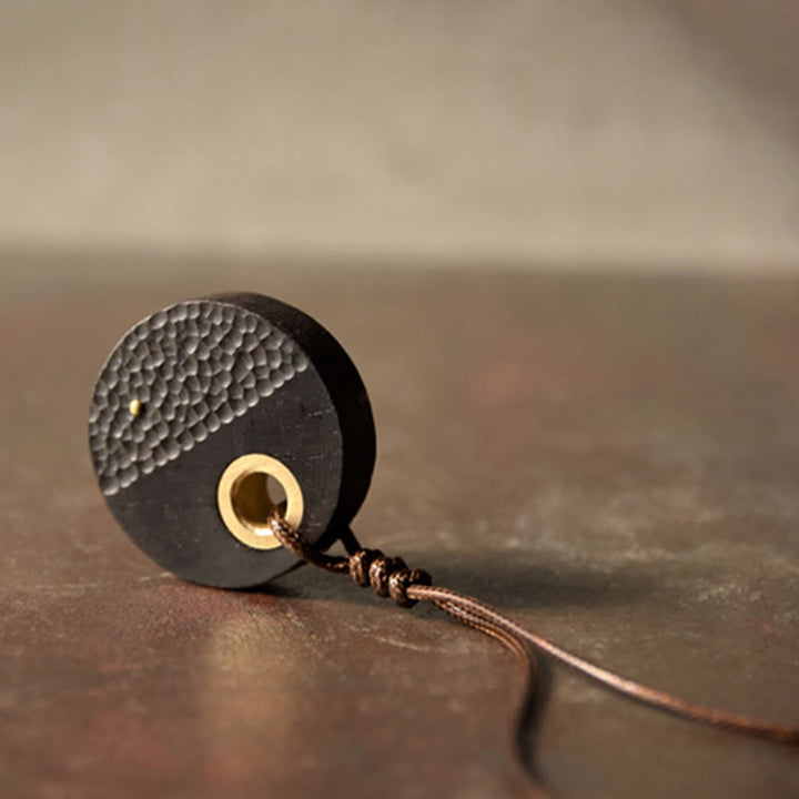 Buddha Stones Handcrafted Round Ebony Wood Brass Copper Peace Necklace Pendant - image 4