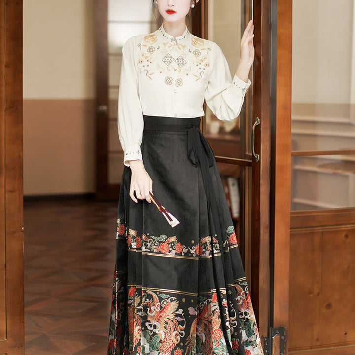 Buddha Stones Long Sleeve Shirt Embroidery Top Chinese Hanfu Phoenix Horse Face Skirt Mamianqun