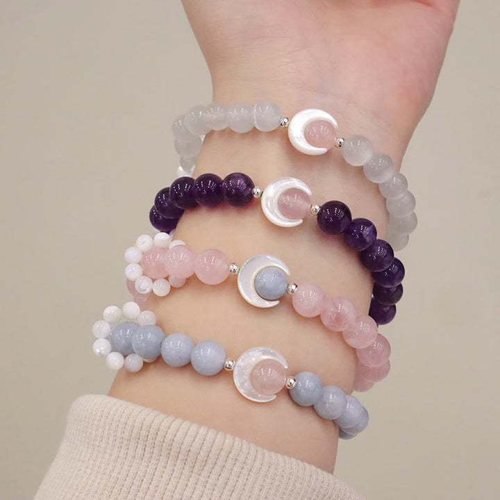 Buddha Stones 925 Sterling Silver Natural Amethyst Aquamarine Pink Crystal Cat's Eye Healing Crescent Moon Bracelet - image 0