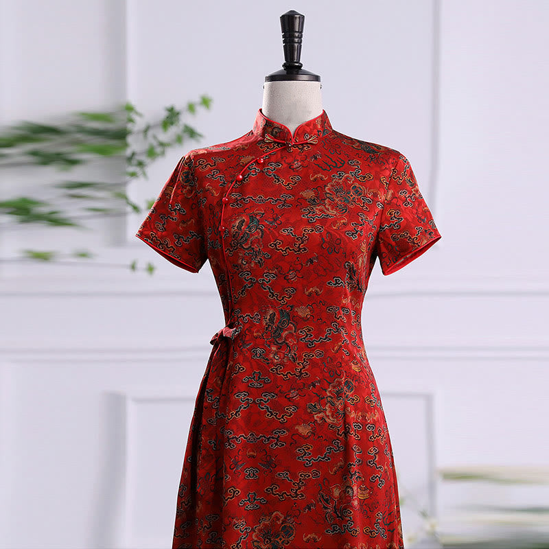 Buddha Stones Vintage Auspicious Clouds Leaf Print Cheongsam Dress Women's Qipao Dress - image 8