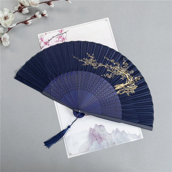 Buddha Stones Crane Dragonfly Lotus Peony Plum Blossom Butterfly Handheld Silk Bamboo Folding Fan 22.5cm