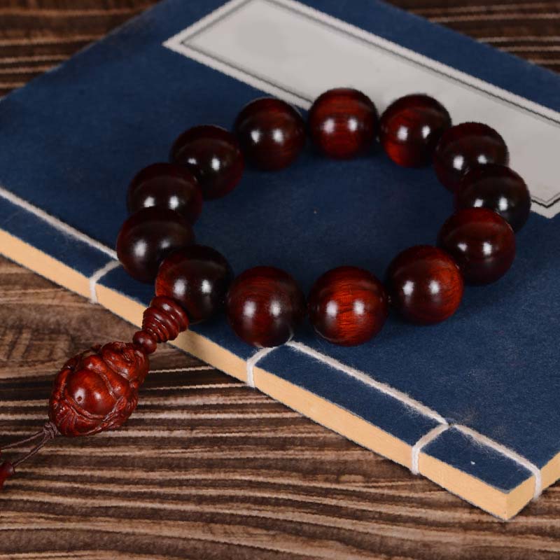 Buddha Stones Small Leaf Red Sandalwood Laughing Buddha God of Wealth Protection Bracelet