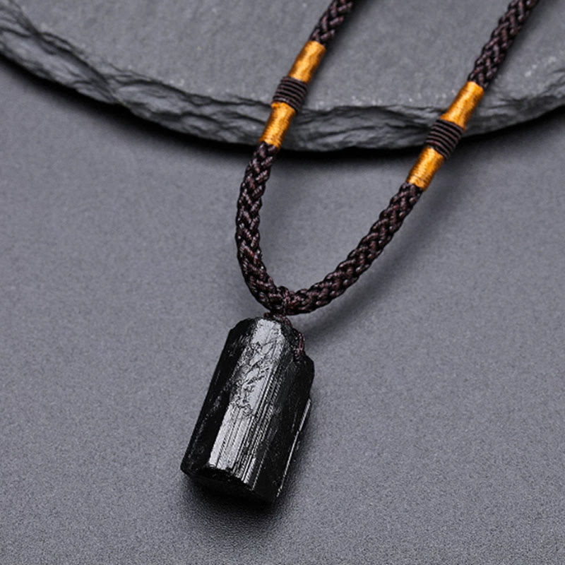 Buddha Stones Natural Black Tourmaline Positive Rope Necklace Pendant - Black Tourmaline(Raw elongated form · size varies) - image 0
