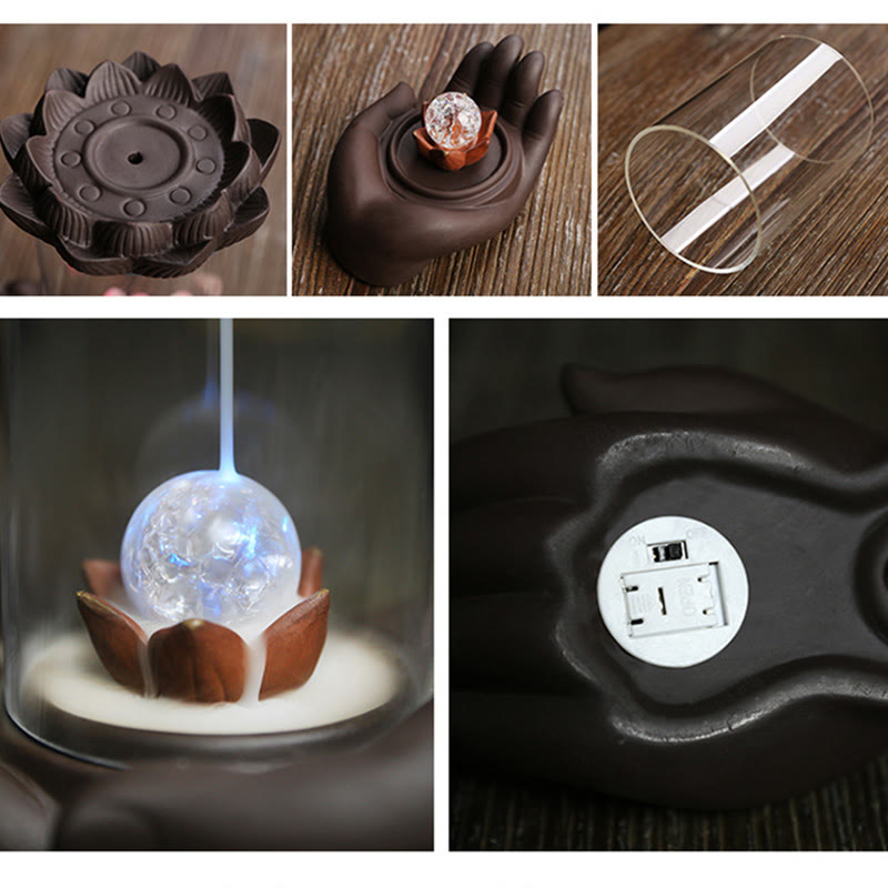 Buddha Stones Buddha Hand Lotus Enlightenment LED Light Purple Clay Ceramic Incense Burner Decoration - image 13