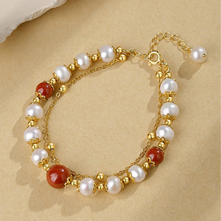 Buddha Stones 925 Sterling Silver Pearl Cinnabar Wisdom Bead Double Layer Chain Bracelet - image 5