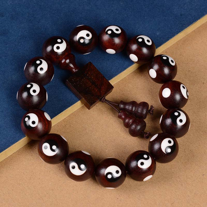 Buddha Stones Small Leaf Red Sandalwood Yin Yang Protection Bracelet