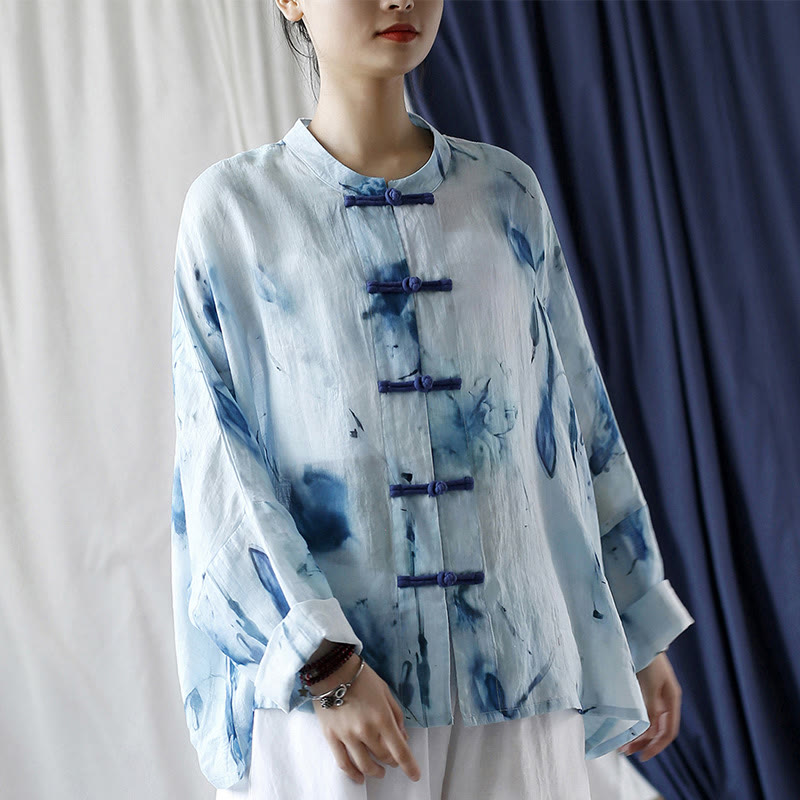 Buddha Stones Tie Dye Blue Flowers Frog-Button Design Long Sleeve Ramie Linen Jacket Shirt