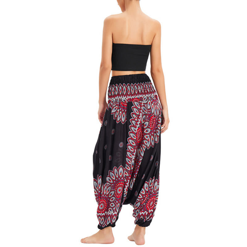 Buddha Stones Two Style Wear Sunflower Loose Smocked Harem Trousers Jumpsuit High Waist Pants