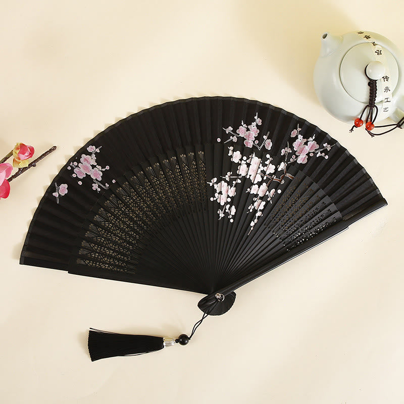 Buddha Stones Hibiscus Flower Plum Blossom Handheld Bamboo Folding Fan