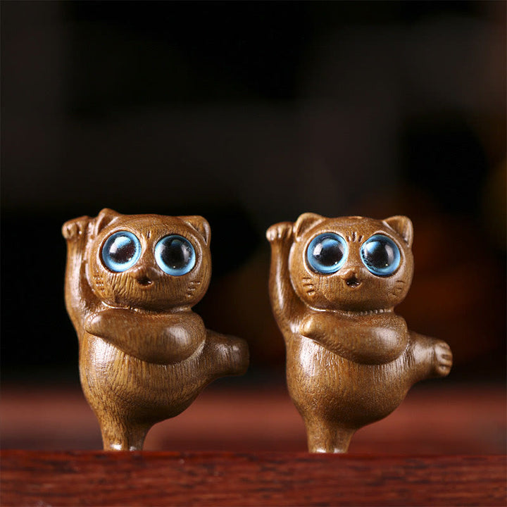 Buddha Stones Mini Green Sandalwood Dancing Cat Engraved Positive Desk Decorations - image 3