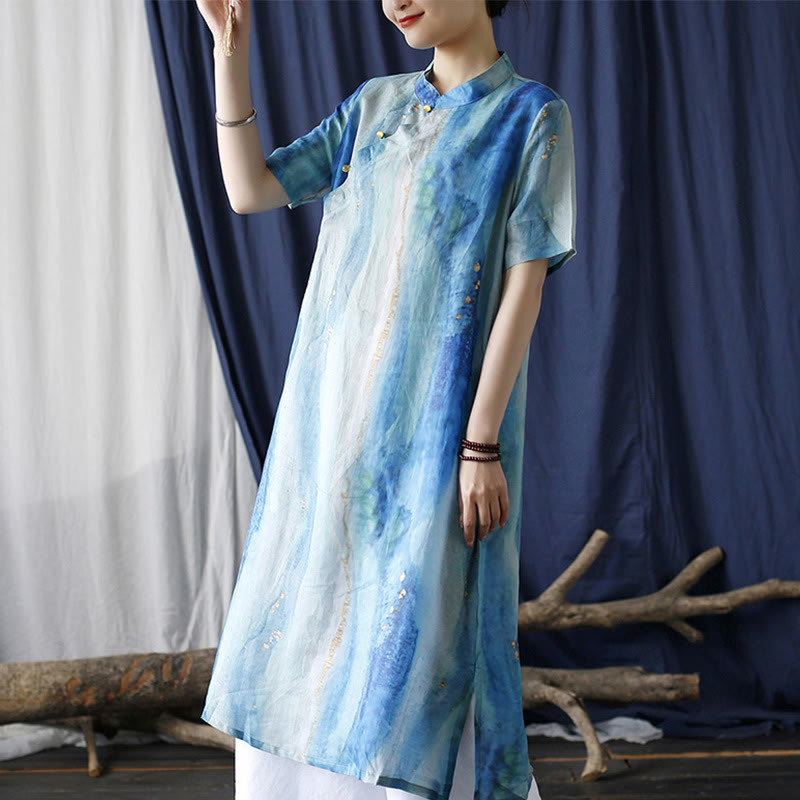 Buddha Stones Ramie Blue Digital Printing Cheongsam Dresses Short Sleeve Linen Dress