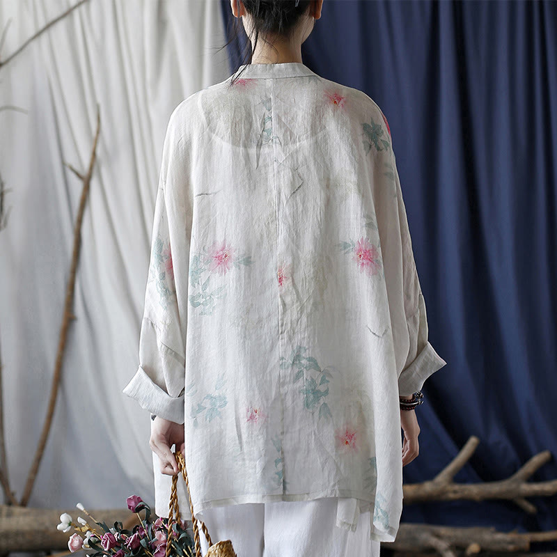 Buddha Stones White Red Flowers Green Leaves Frog-Button Long Sleeve Ramie Linen Jacket Shirt