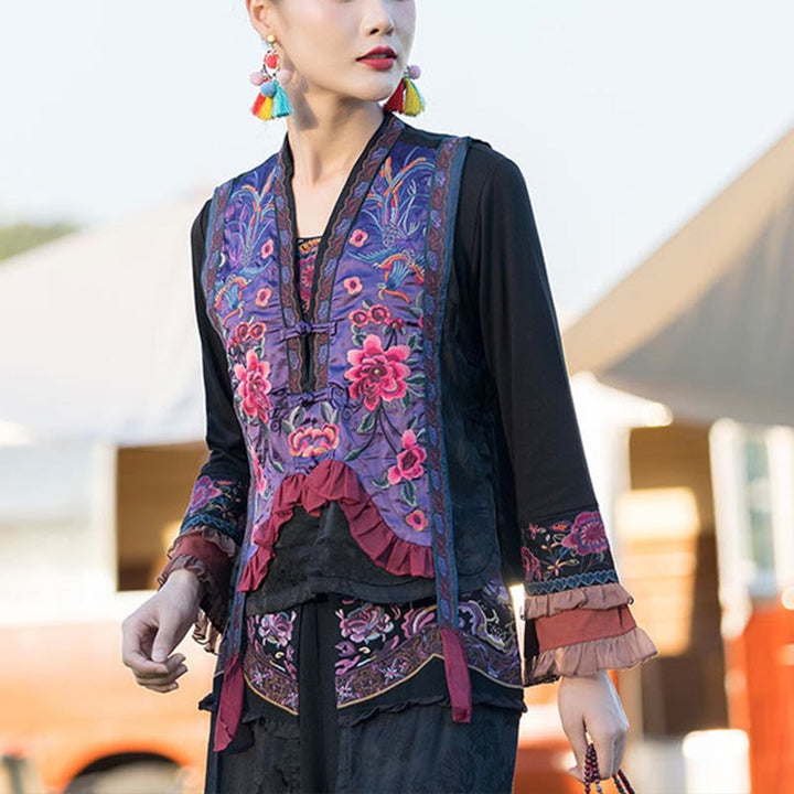 Buddha Stones Vintage Embroidery Flower Pattern Tang Suit Design Vest