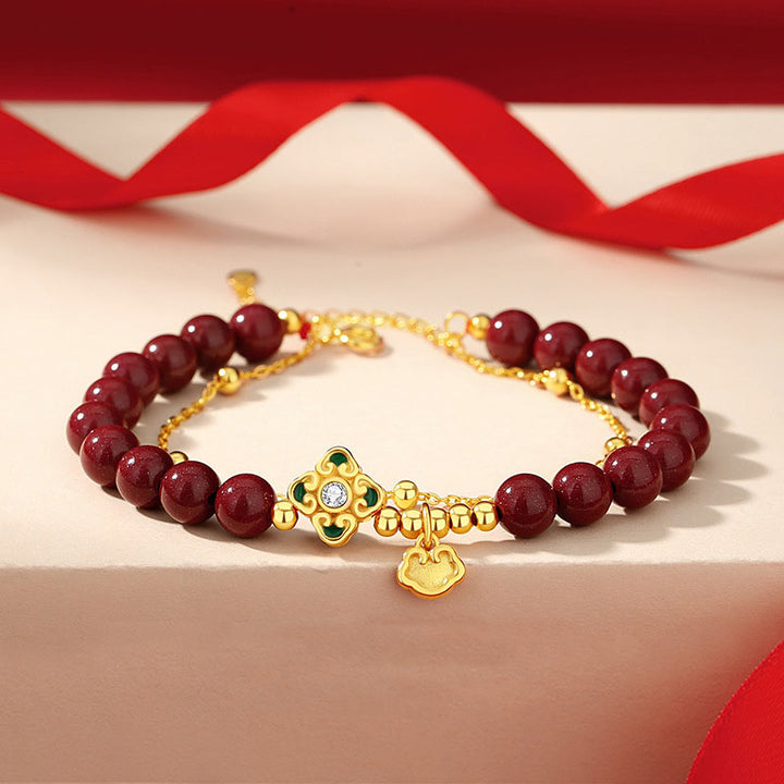 Buddha Stones 925 Sterling Silver Natural Cinnabar Four Leaf Clover Flower Blessing Chain Bracelet