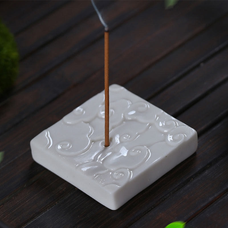 Buddha Stones Mini Auspicious Clouds Design Healing Stick Ceramic Small Incense Burner Decoration - Square Auspicious Cloud 5*5*0.5cm - White - image 7