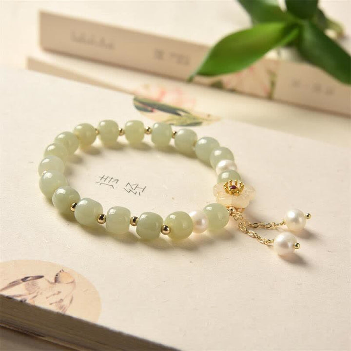 Hetian Jade Flower Pearl Happiness Abundance Bracelet - image 4