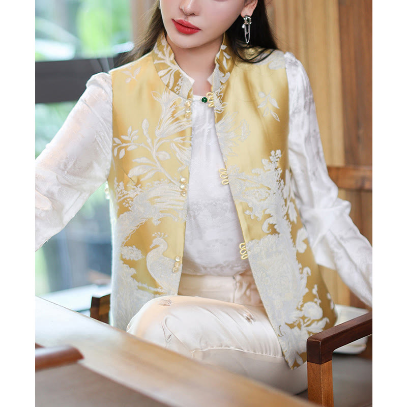 Buddha Stones Peacock Flower Pattern Tang Suit Design Vest Jacket