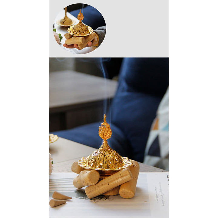 Gold Alloy Healing Mini Incense Burner With Wooden Coaster Home Decor - image 14