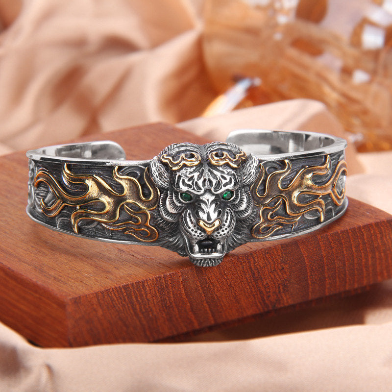 Buddha Stones 925 Sterling Silver Chinese Zodiac Tiger Keep Away Evil Spirits Bracelet Bangle - 925 Sterling Silver - image 1