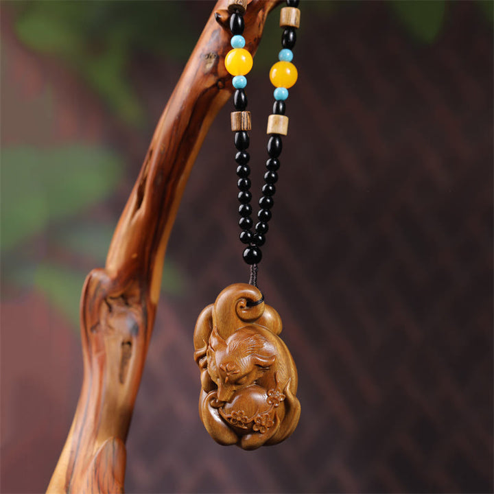 Buddha Stones Mini Nine Tailed Fox Green Sandalwood Peace Decoration Car Hanging Decoration
