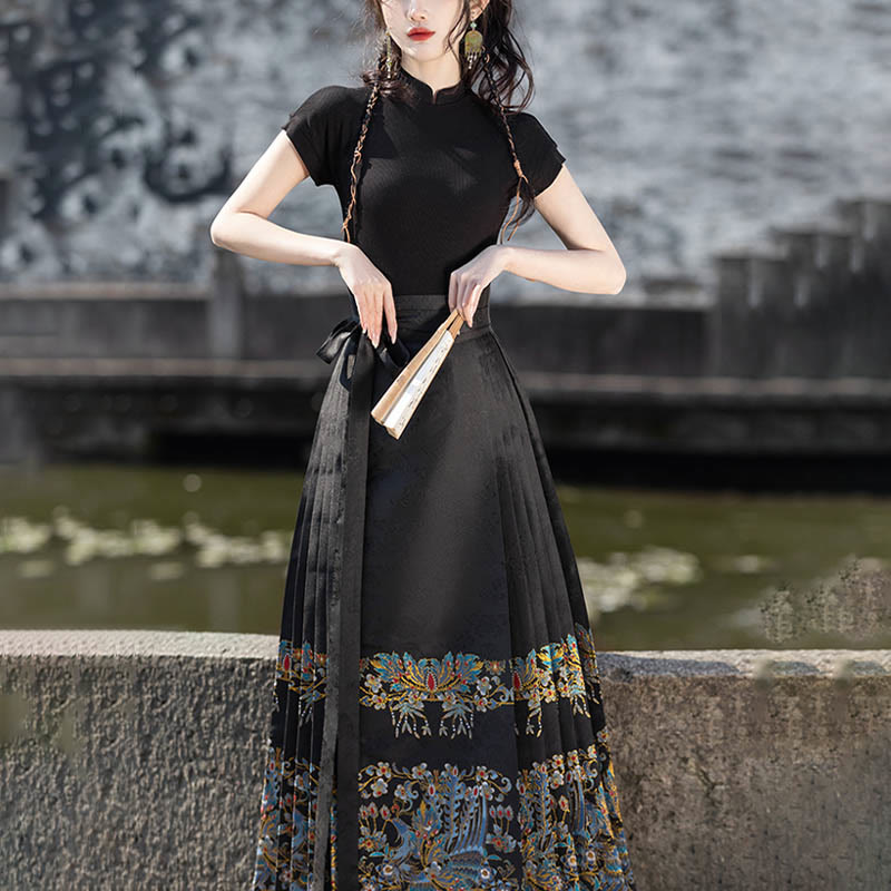 Buddha Stones Short Long Sleeve Shirt Top Chinese Hanfu Ming Dynasty Horse Face Skirt Mamianqun Skirt