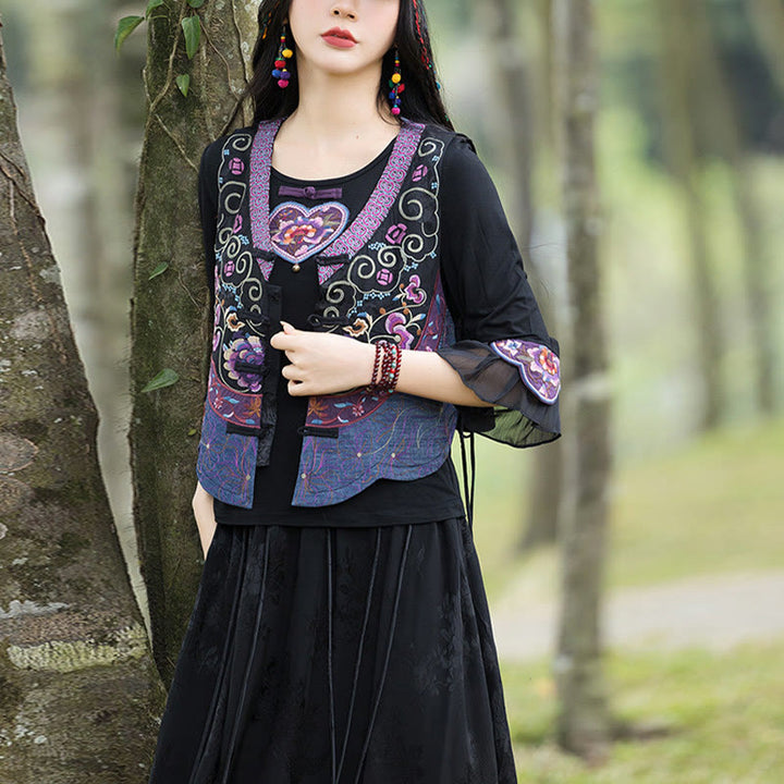 Buddha Stones Vintage Frog-Button Embroidery Purple Flower Tang Suit Design Sleeveless Vest