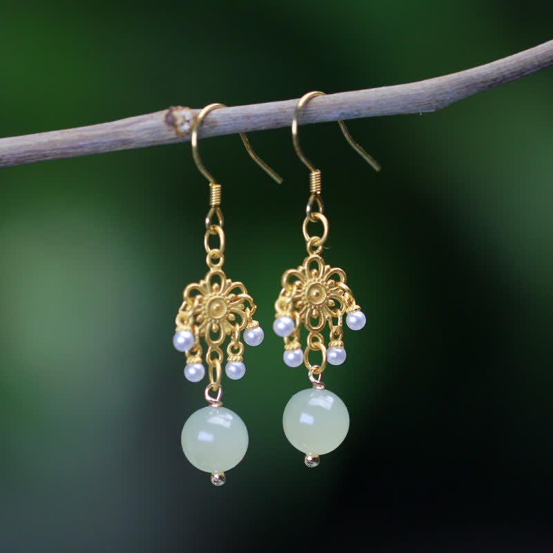 Hetian Jade Flower Pattern 14K Gold Plated Luck Drop Dangle Earrings - image 0