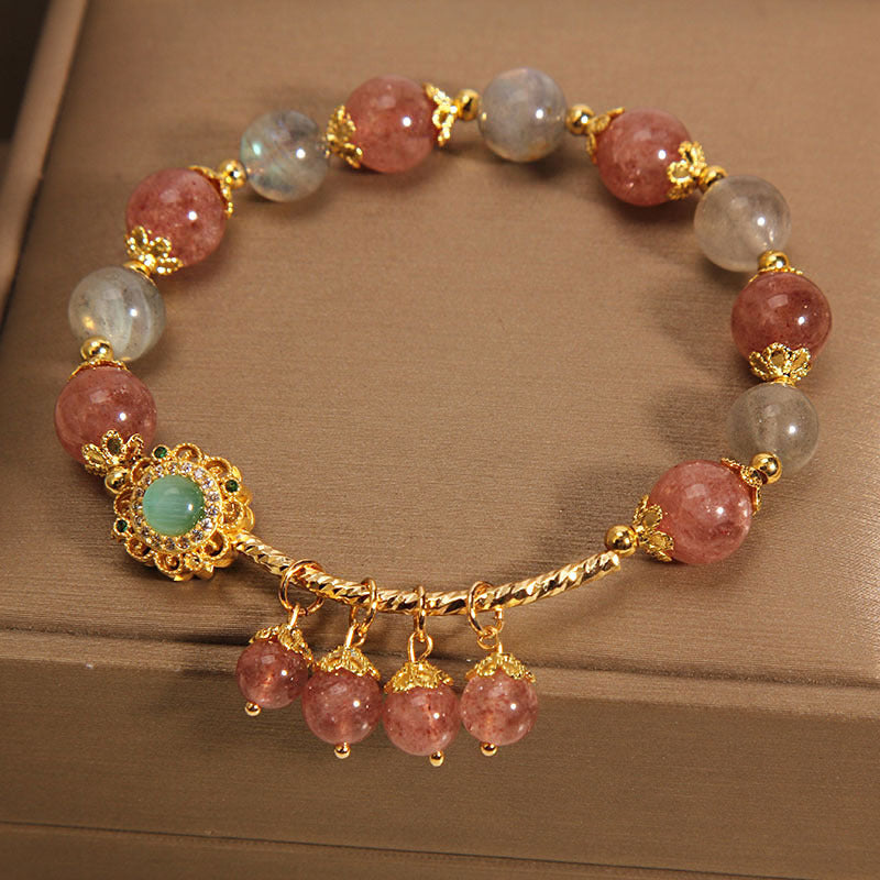 Buddha Stones Strawberry Quartz Moonstone Healing Tassel Charm Bracelet