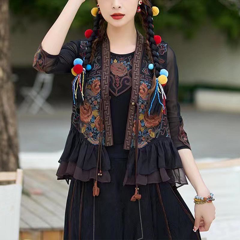 Buddha Stones Vintage Peony Flowers Embroidery Design Sleeveless Vest