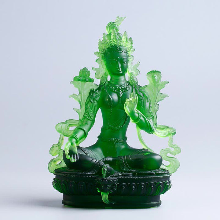 Bodhisattva Green Tara Handmade Liuli Crystal Art Piece Protection Home Office Statue Decoration