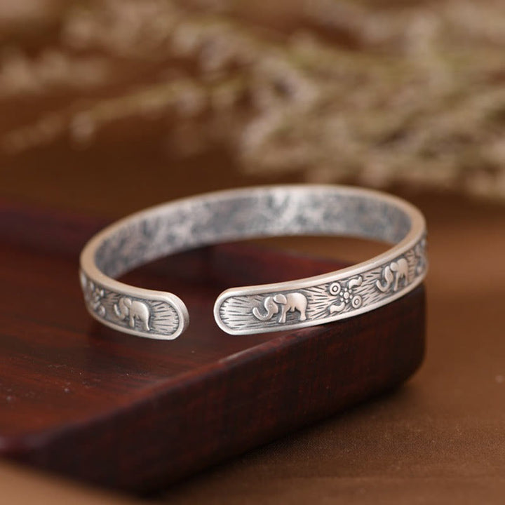 Buddha Stones 999 Sterling Silver Elephant Strength Wisdom Bracelet Cuff Bangle - image 5
