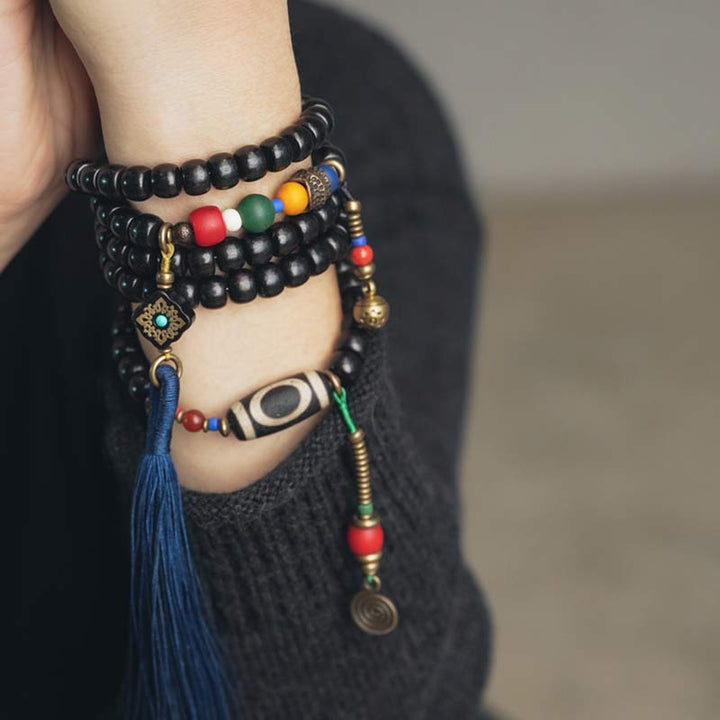 Buddha Stones 108 Beads Mala Ebony Wood Dzi Bead Copper Balance Tassel Bracelet - image 2