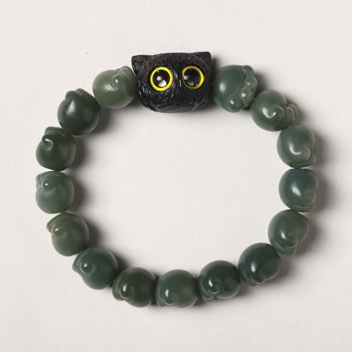 Buddha Stones Natural Bodhi Seed Lovely Paw Ebony Wood Lucky Cat Wisdom Bracelet - Green Bodhi Seed - Simple Version(Wrist Circumference 14-15cm) - image 14