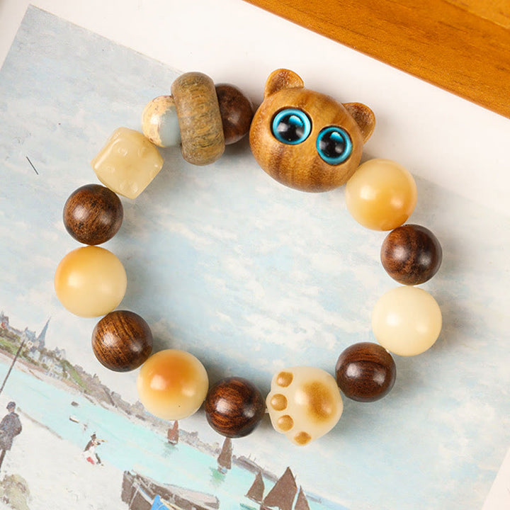 Buddha Stones Natural Bodhi Seed Sandalwood Lucky Cute Cat Head Paw Claw Peace Bracelet - image 7