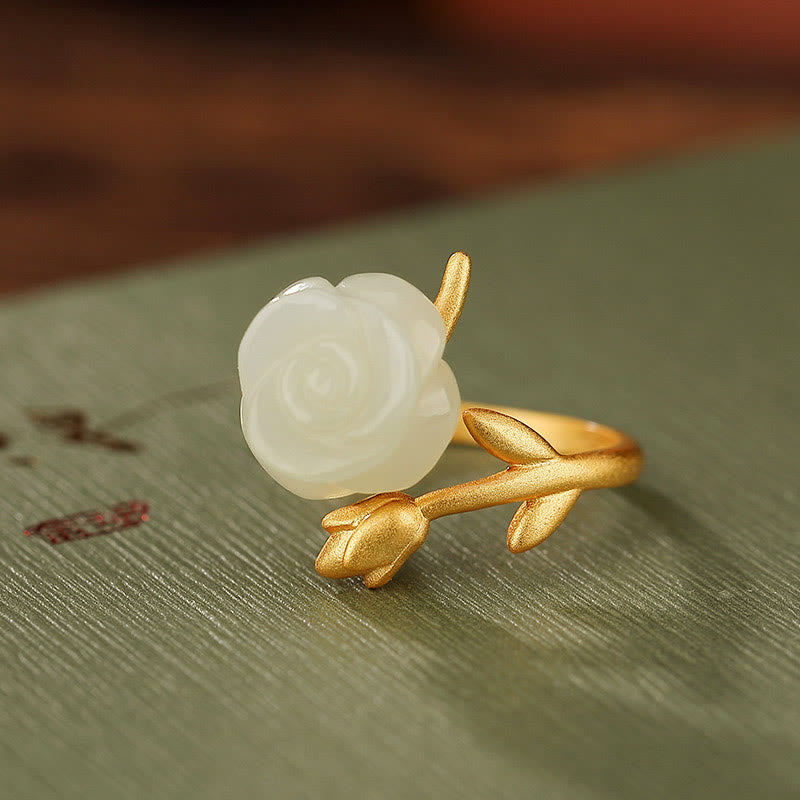 Buddha Stones 925 Sterling Silver Plated Gold Rose Flower Hetian White Jade Happiness Ring