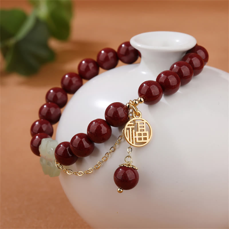 Buddha Stones Cinnabar Fu Character Hetian Jade Lucky Four Leaf Clover Blessing Bracelet - image 1
