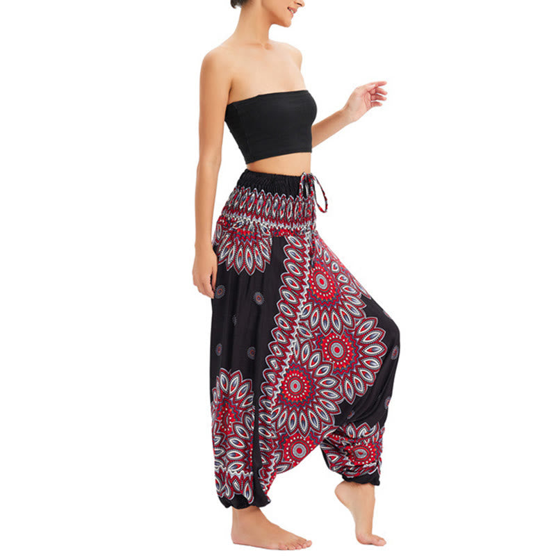 Buddha Stones Two Style Wear Sunflower Loose Smocked Harem Trousers Jumpsuit High Waist Pants