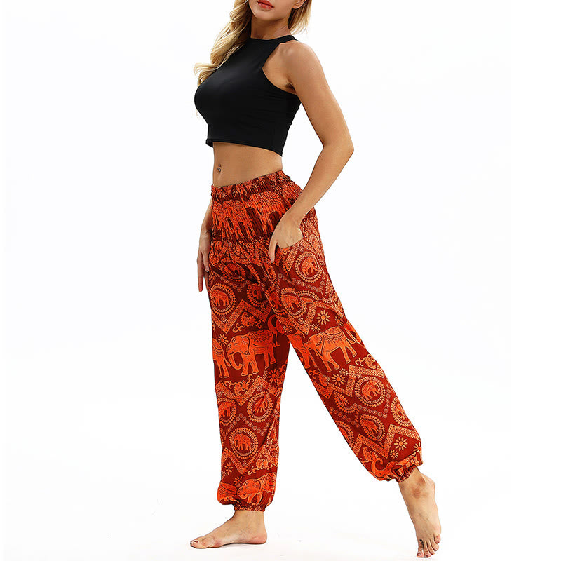 Buddha Stones Boho Loose Geometric Elephant Pattern Harem Trousers Women's Yoga Pants