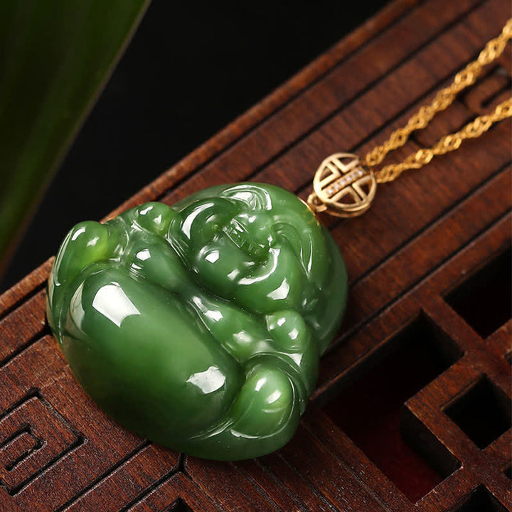 925 Sterling Silver Laughing Buddha Hetian Cyan Jade 18K Gold Success Necklace Chain Pendant - image 5