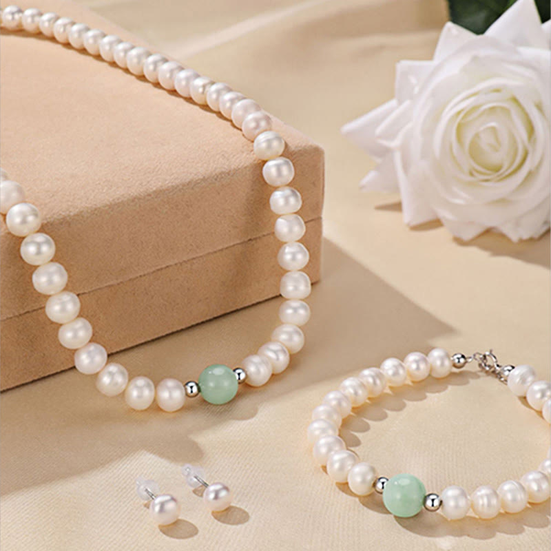 Buddha Stones 925 Sterling Silver Natural Pearl Jade Healing Necklace Bracelet Earrings With Gift Box - image 6