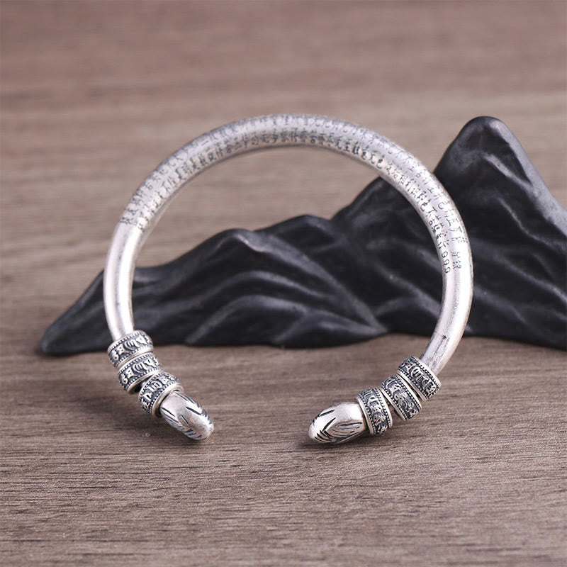 Buddha Stones 999 Sterling Silver Heart Sutra Om Mani Padme Hum Engraved Peace Purity Bracelet Bangle - image 5